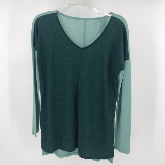 Ann Taylor LOFT Green V-neck Form Fitting 2 Tone Long Sleeve Tee Top Shirt #A12 - Picture 4 of 10
